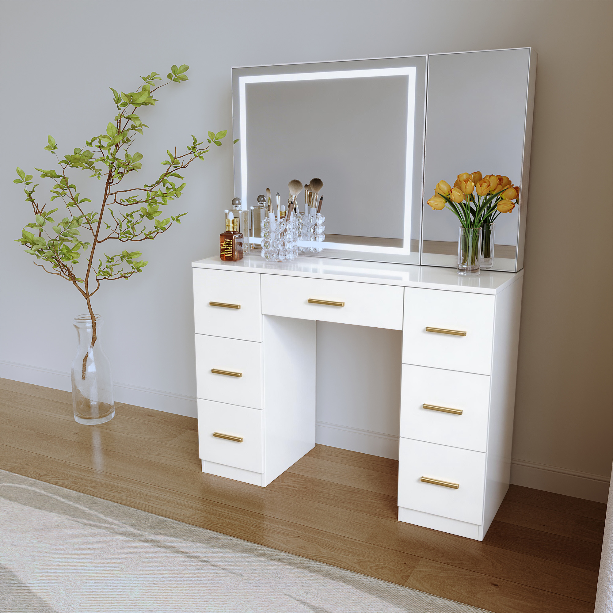 طاولة تزيين تسريحة - لون أبيض بواجهة لامعة